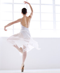 Dance, ballet and creative with woman in studio for balance, elegant and performance. Artist,...