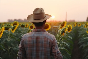 Rear view a young farmer stands in the field and evaluates his harvest, The man keeps his hands on his hips but his head is a hat, of a sunflower field, It's dusk outside, Man and copy space
