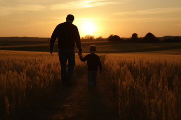 Fototapeta na wymiar rear view Father and son walking in field at sunset
