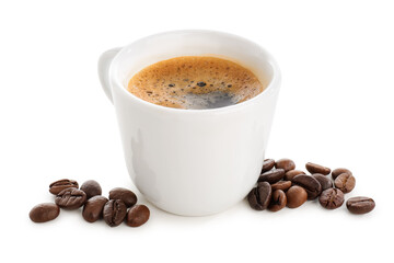 Cup of delicious espresso and coffee beans on white background