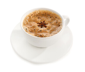 Cup of delicious espresso, star anise and saucer on white background