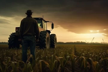 Fotobehang Rear view of a farmer standing near a tractor in a corn field under a moody sky at sunset © alisaaa