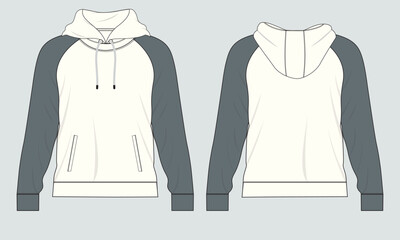 Two tone color Hoodie. Technical fashion flat sketch Vector template. Cotton fleece fabric Apparel hooded with zipper sweatshirt illustration black color mock up Front, back views. 