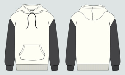 Two tone color Hoodie. Technical fashion flat sketch Vector template. Cotton fleece fabric Apparel hooded with zipper sweatshirt illustration black color mock up Front, back views. 