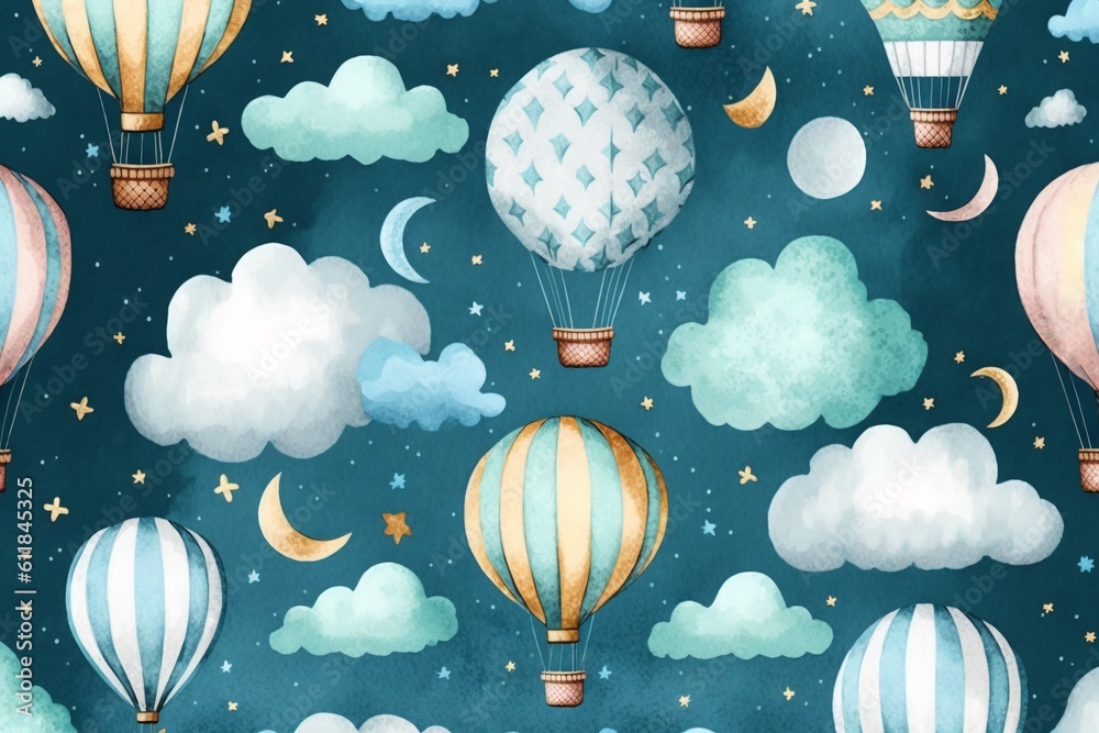 Wall mural Generative AI.Watercolor hot air balloon childish seamless pattern with moon, clouds, stars and balloons for fabric, textiles or wallpaper.