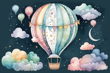 Generative AI. Watercolor hot air balloon. Hand drawn vintage air balloons with flags garlands, polka dot pattern and retro design. background for kid banner, baby shower, birthday greeting card - obrazy, fototapety, plakaty