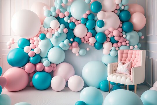 Generative AI.Baby shower, gender party! Children's decoration with balloons. Decorated photo zone. Festive decorative elements, photo area. little baby party 