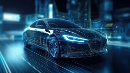 Foto op Canvas An electric black car with a holographic wireframe  digital technology background.  © Aris Suwanmalee