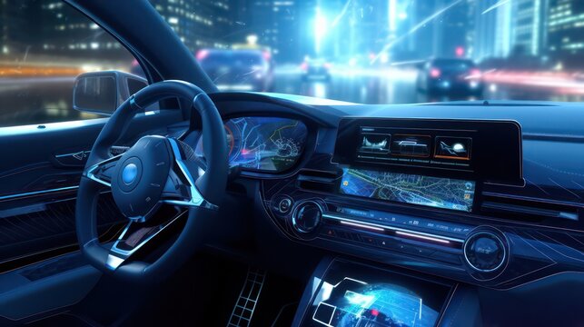 AI Generating picture of a futuristic modern electric car speedometer dashboard interior view with a holographic wireframe digital technology background. 