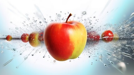 AI generated 3d image of a apples with water splash on the abstract light bokeh blurred background.