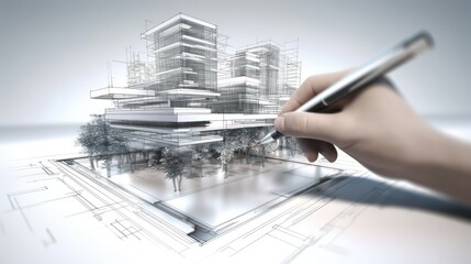 Hand pointing at digital virtual reality modern commercial building hologram on a futuristic HUD background. AI generated 3D image