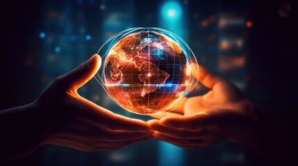 AI generated 3d image of world model with a global network light field hologram technology background. 