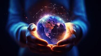 AI generated 3D image of the businessman's hand holding a digital globe hologram on a world network connection blurred background. 