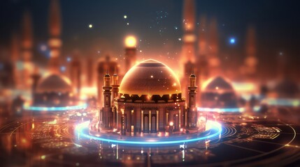 Illustration of mosque cityscape at night with glowing lights on a twilight background. 3d AI generated image.