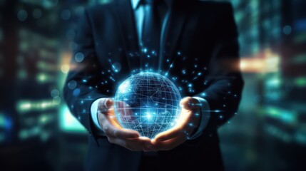 Fototapeta premium AI generated 3D image of the businessman's hand holding a digital globe hologram on a world network connection blurred background. 