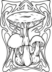 Dripping magic mushrooms hallucinogenic art nouveau frame illustrations silhouette vector illustrations for your work logo, merchandise t-shirt, stickers and label designs, poster, greeting cards 