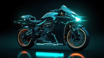 Generating AI illustration of a futuristic motorbike with the abstract digital technology background.