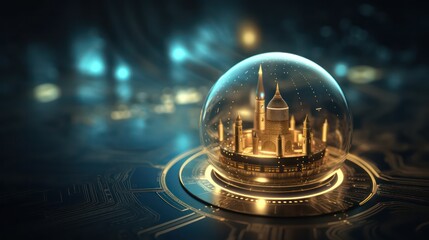 Transparent mosque crystal ball with glowing light blurred background. AI generated 3D image
