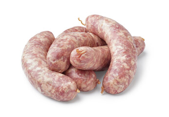 Raw fresh sausages on white background