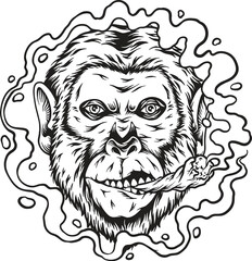 Monkey gorilla puffs joint smoking cannabis illustrations monochrome vector illustrations for your work logo, merchandise t-shirt, stickers and label designs, poster, greeting cards advertising