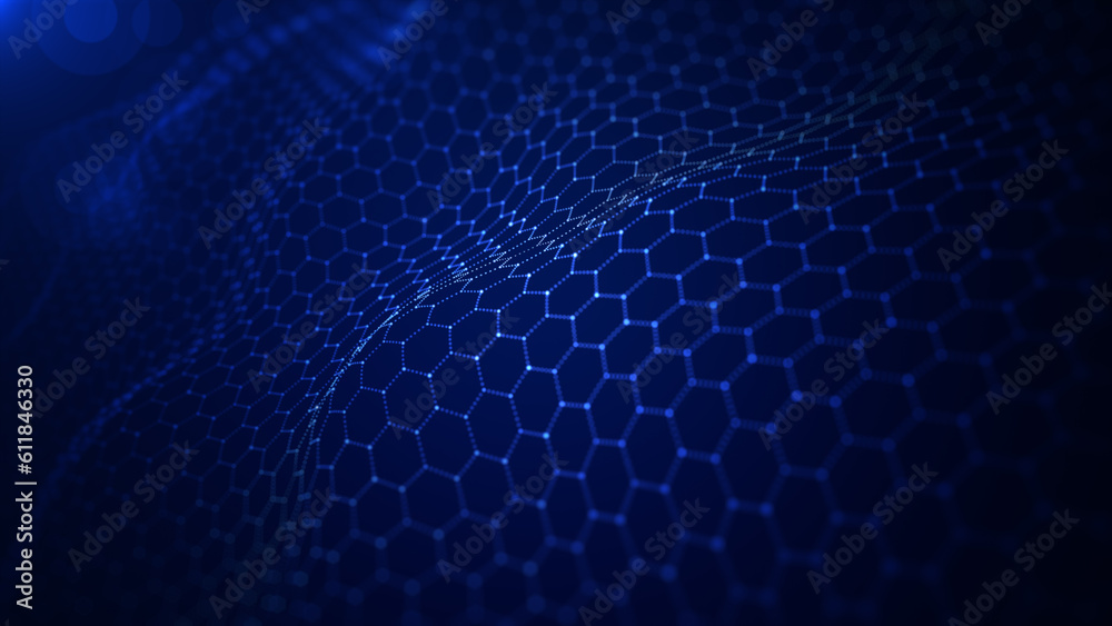 Aufkleber Blue Hexagon shape connection wave flowing, Cyber technology abstract background 3d rendering