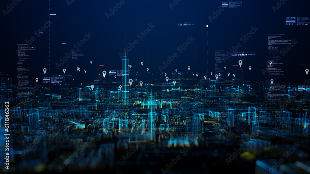 Poster technology digital data network connection, cityscape location icons of gps navigation, high speed i