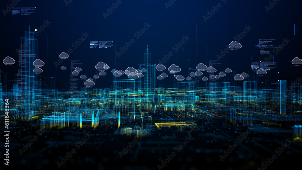 Aufkleber Cybersecurity digital data and data analysis background, Cityscape of cloud computing using artificial intelligence. Futuristic technology internet and big data 5g connection, 3d rendering
