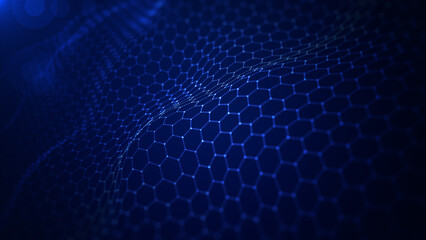 Blue Hexagon shape connection wave flowing, Cyber technology abstract background 3d rendering