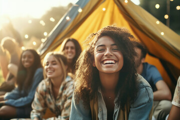 Group of young diverse adult friends, celebrating, laughing, having fun, drinking soft drinks, enjoying summer vacation day on camping