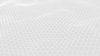 Hexagon Shape Digital Particles Wave, Dots, and Lines Connected Wavy, Digital Cyberspace Abstract Background, 3d rendering