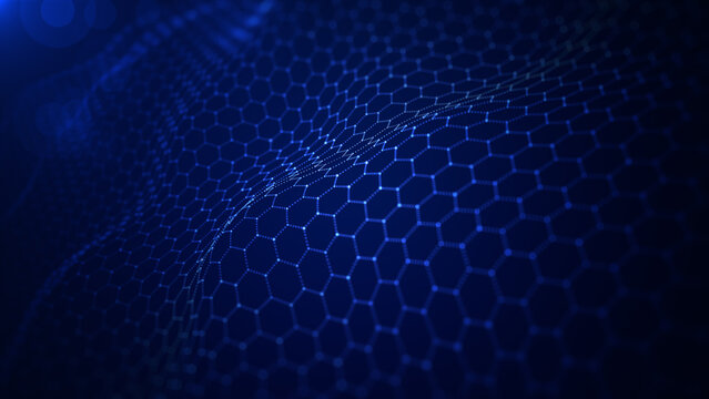 Blue Hexagon Shape Connection Wave Flowing, Cyber Technology Abstract Background 3d Rendering