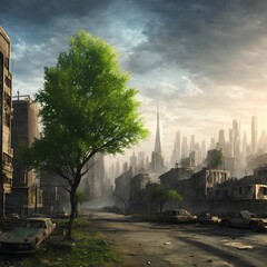 abandon post apocalyptic city with green tree, generative art by A.I.