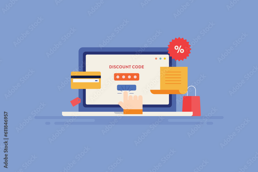 Sticker person using promo code ecommerce shopping checkout concept. discount code reducing price at the tim