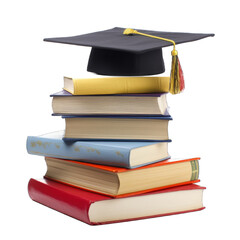 Stack of different books with a graduation cap. Academic hat and books isolated on transparent background