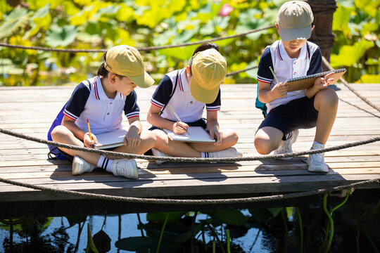 Cheerful school children drawing in park