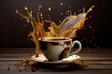 Coffee splashing out of a cup isolated on black background.. Ai Generative AI