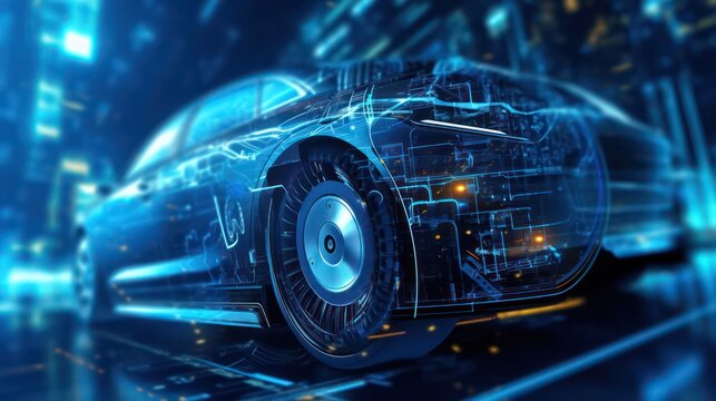 AI generated 3d image of a futuristic holographic wireframe car model with a digital color background.
