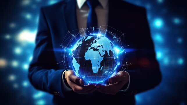 Businessman holding a glowing crystal ball earth globe in his hands. Global business concept AI generated 3d image