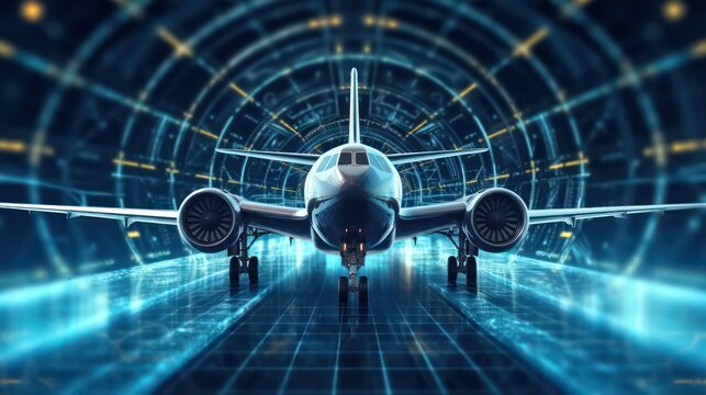 3d AI generated image of the airplane in abstract digital technology background.