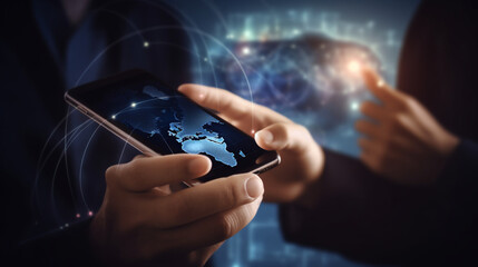  ビジネス、金融、銀行、オンラインショッピング、ソーシャルメディア、グローバルネットワーク接続で通信するためにスマートフォンを使用しています,技術、革新GenerativeAI