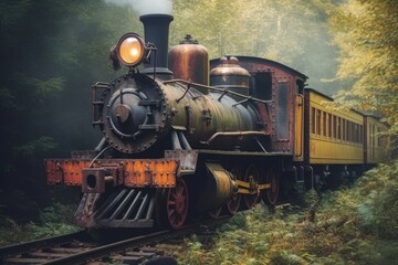Fototapeta premium Train rides in a natural area, retro style. Old steam locomotive. Generative AI
