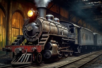 Plakat Retro steam train departs from the station. Generative AI