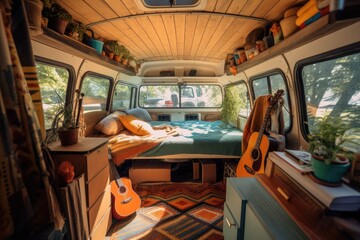 Fototapeta premium Cozy interior in the trailer of mobile home. Generative AI