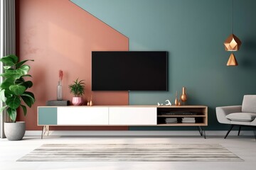 Living room with flat plasma television. Generative AI