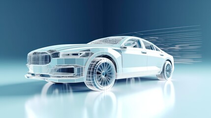3d AI Generating of a car model in digital color background with wire frame