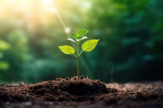 Seedling are growing from the rich soil. Concept of business growth, profit, development and success. Generative AI