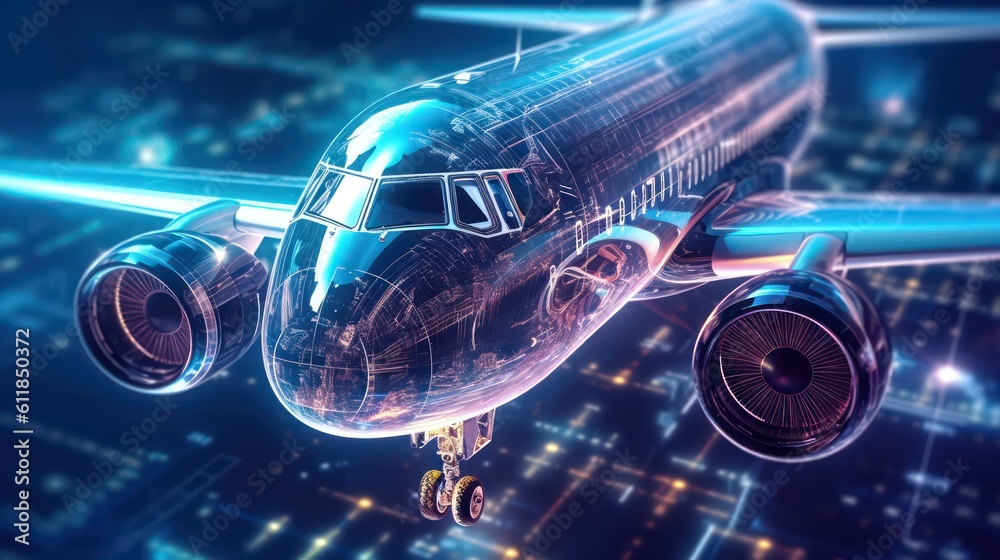 Wall mural 3d ai generated image of the airplane in abstract digital technology background.