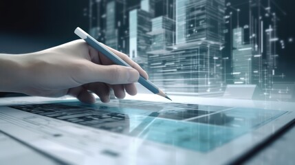 Obraz premium AI generated 3D image of human's hand using a pen writing on a digital blueprint with cityscape on a futuristic interface background 