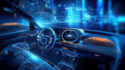 AI generated illustration of a brand-less modern electric car speedometer dashboard interior view.