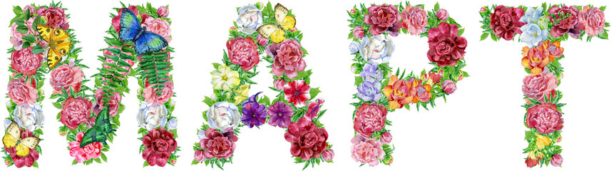 Word May in Russian of watercolor flowers